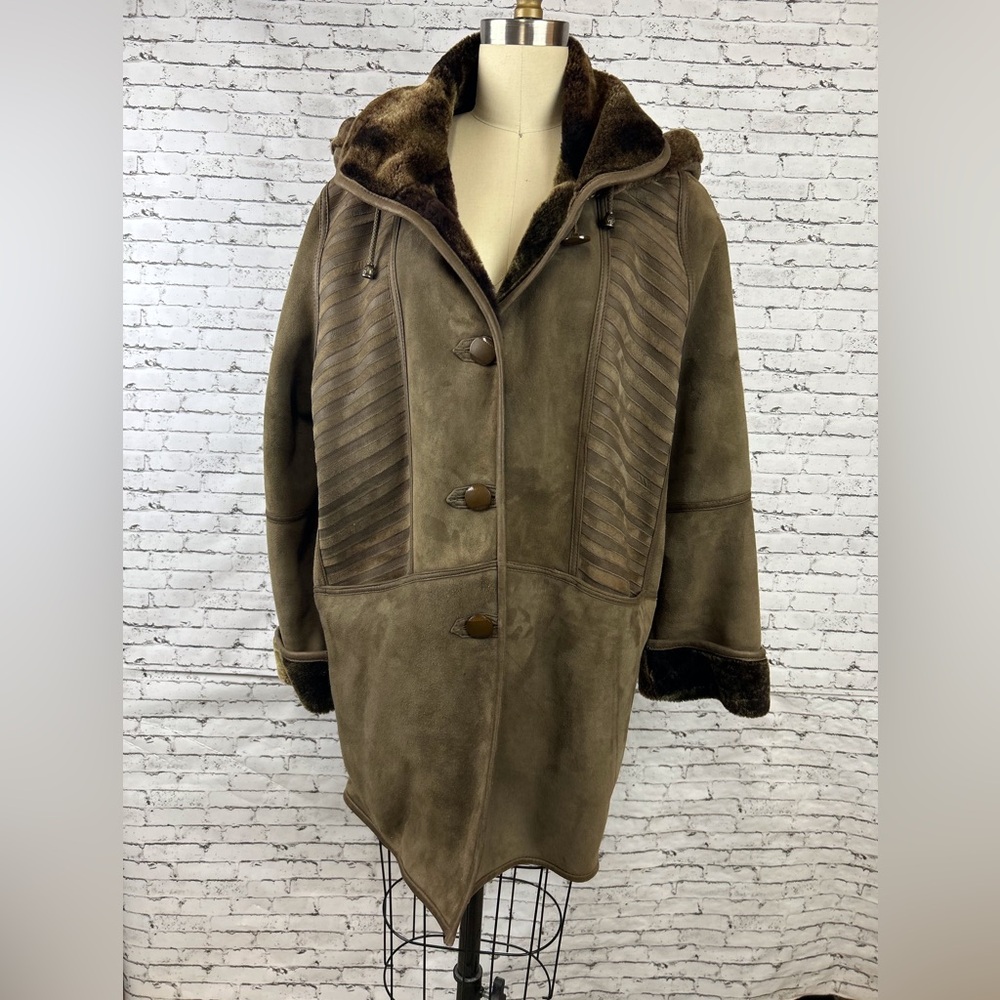 Genuine Sherpa Lamb Skin Olive Suede Coat with Hood size XL